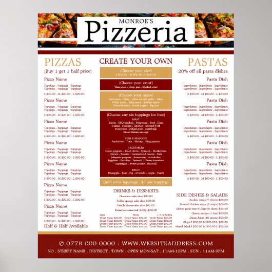 Poster Restaurant Pizza, Menu Pizzeria (Devant)