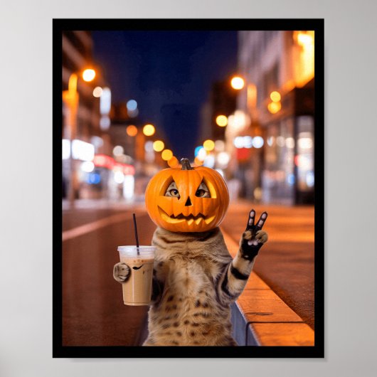 Poster Restez sauvage chat d'Halloween buvant du café gla (Devant)