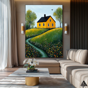 Poster Retraite de cottage doré – Art naïf et champêtre c