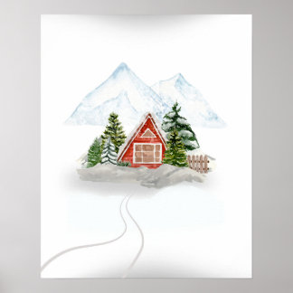 Poster Retraite de montagne neige : Maison en bois en hiv