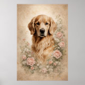 Poster Retriever doré avec des roses (Devant)