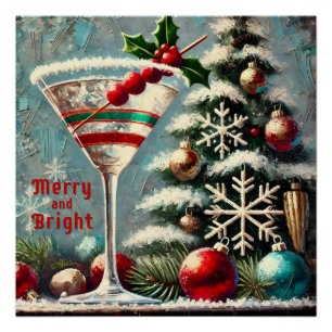 Poster Retro 50 Cranberry Snowflake Noël Martini