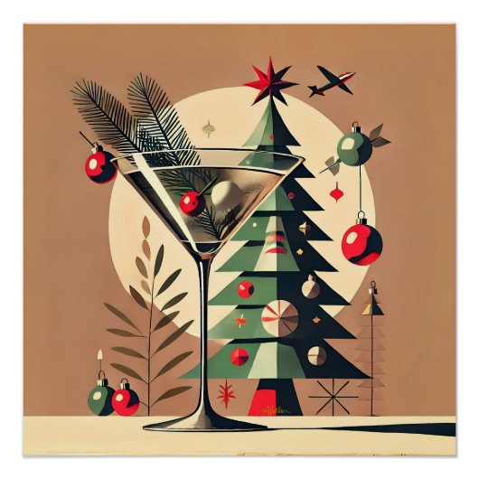Poster Retro 50s Jet Set Martini de Noël arbre (Devant)