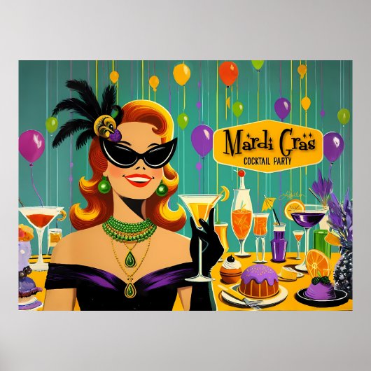 Poster Retro 50s Mardi Gras Martini Cocktail Party (Devant)