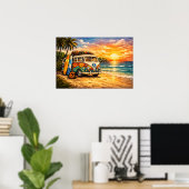 Poster Retro 60s Hippie Beach Bus Sunset | Surf Van Life (Bureau à domicile)