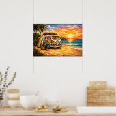 Poster Retro 60s Hippie Beach Bus Sunset | Surf Van Life (Cuisine)
