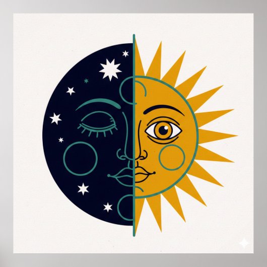Poster Retro 70s Celestial Sun Moon Split Face Art Print (Devant)