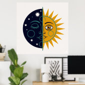Poster Retro 70s Celestial Sun Moon Split Face Art Print (Bureau à domicile)