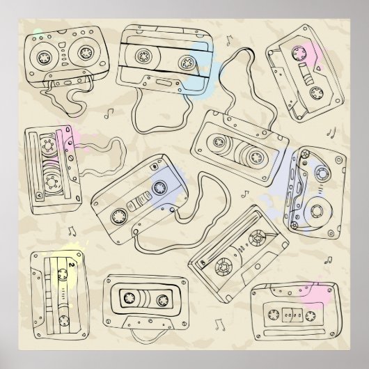 Poster Retro 80s 90s Nostalgic Cassette Mix Tape Pattern (Devant)