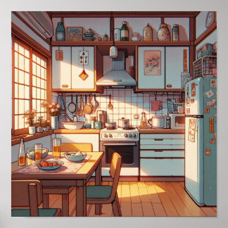 Poster Rétro 90s Anime Cuisine Réfrigérateur et table