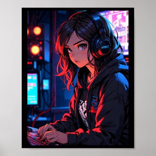 Poster Retro Anime Girl Gamer Cyberpunk Streaming Setup S (Devant)