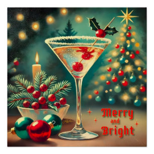 Poster Retro années 50 Cocktail Martini Noël Merry Bright