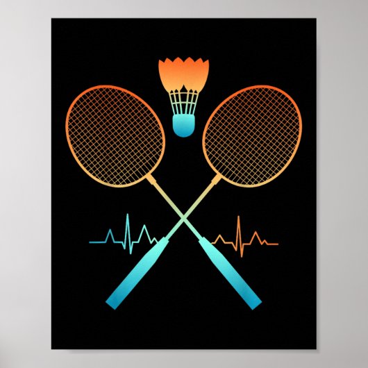 Poster Retro Badminton With Shuttle Heartbeat Ecg  (Devant)