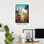 Poster Retro Barcelona Vintage Travel Illustration (Bureau à domicile)