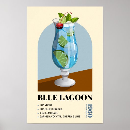 Poster Retro Blue Lagoon Cocktail Recipe Artwork (Devant)