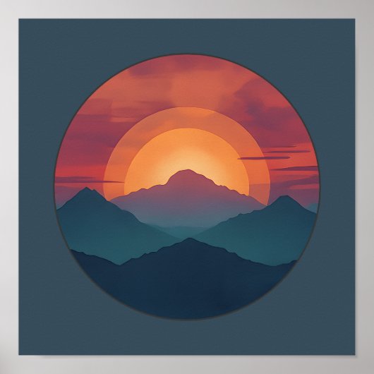 Poster Retro Blue Mountain Sunset | Nature Watercolor Art (Devant)