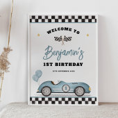Poster Retro Blue Race Car Fast One Anniversaire Bienvenu