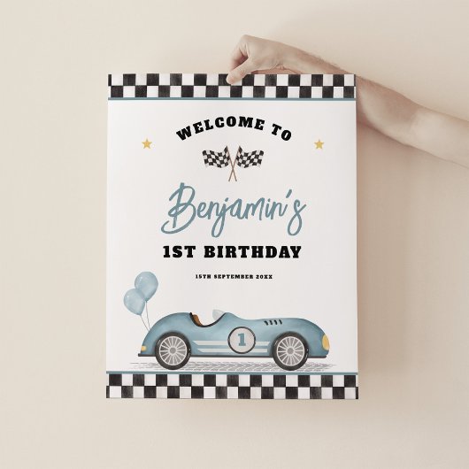 Poster Retro Blue Race Car Fast One Anniversaire Bienvenu