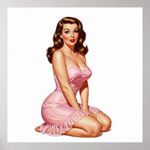 Poster Retro Brunette Pin-up Girl en rose