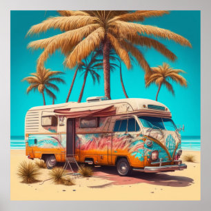 Poster Rétro camping-car et palmiers