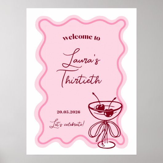 Poster Retro Cherry Cocktail Birthday Party Welcome Sign (Devant)