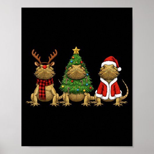 Poster Retro Christmas Bearded Dragon Santa Reindeer (Devant)