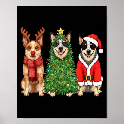 Poster Retro Christmas Blue Heeler Santa Reindeer Dog Lov (Devant)