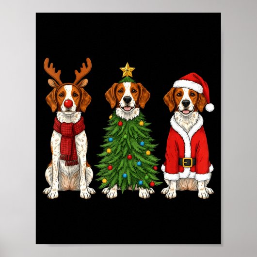 Poster Retro Christmas Brittany Spaniel Santa Reindeer Do (Devant)