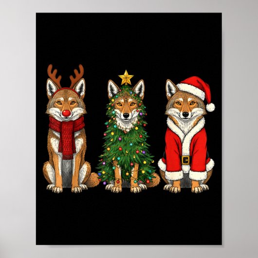 Poster Retro Christmas Coyote Santa Reindeer (Devant)