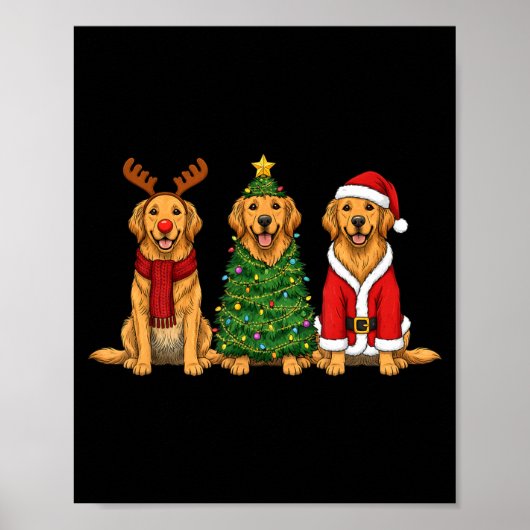 Poster Retro Christmas Golden Retriever Santa Reindeer Do (Devant)