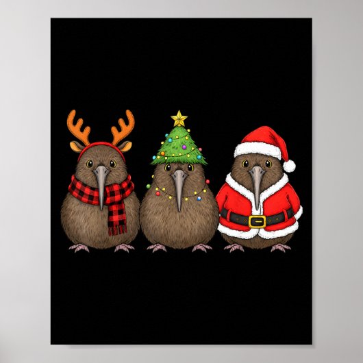 Poster Retro Christmas Kiwi Bird Santa Reindeer  (Devant)