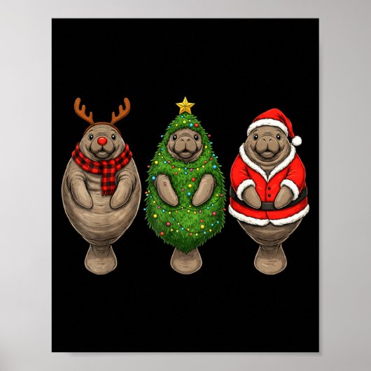 Poster Retro Christmas Manatee Santa Reindeer (Devant)