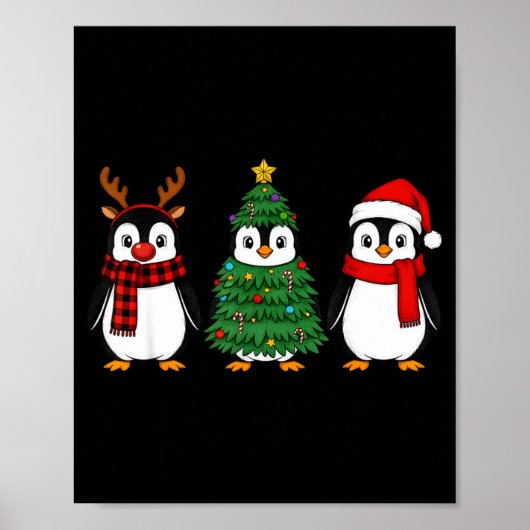 Poster Retro Christmas Penguin Santa Reindeer (Devant)