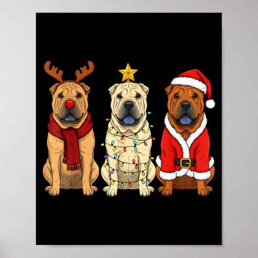Poster Retro Christmas Shar Pei Santa Reindeer Dog Lover (Devant)