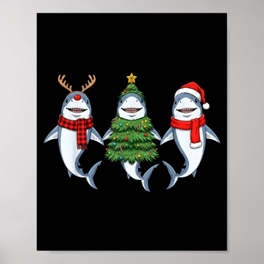Poster Retro Christmas Shark Santa Reindeer  (Devant)