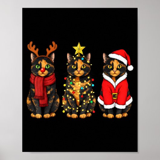 Poster Retro Christmas Tortoiseshell Cat Santa Reindeer  (Devant)