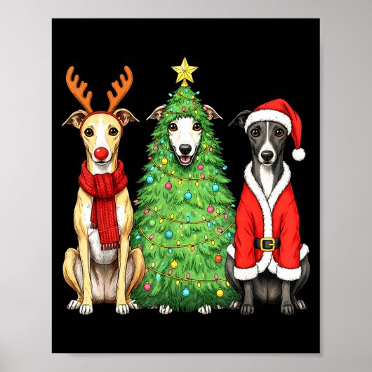 Poster Retro Christmas Whippet Santa Reindeer Dog Lover (Devant)