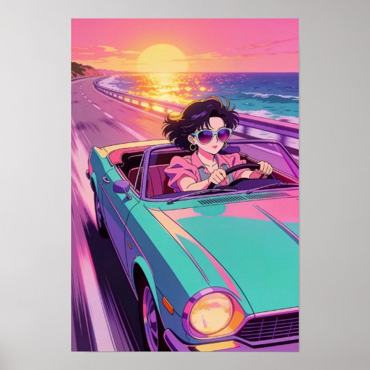 Poster Retro Coastal Drive 90s Anime Sunset (Devant)