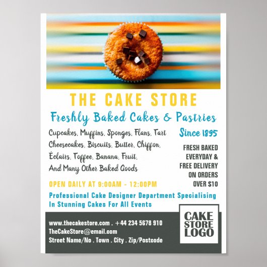 Poster Retro Cupcake, Cakery, Cake Store Publicité (Devant)