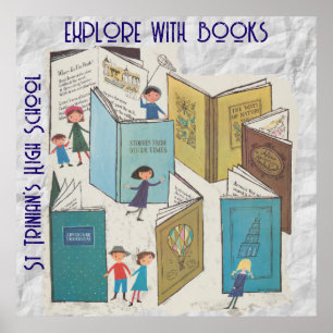 Poster REtro EN EXPLORATION AVEC LIVRES. Texte modifiable