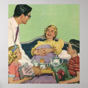 Poster Retro Family Sert Maman Petit déjeuner en Bed