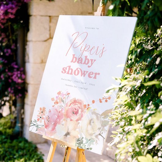Poster Retro Floral Pink Girl Baby Shower Welcome Sign