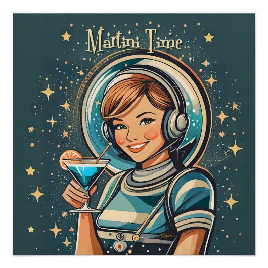 Poster Rétro Futuriste Astro Fille Martini Time (Devant)
