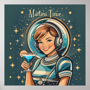 Poster Rétro Futuriste Astro Fille Martini Time