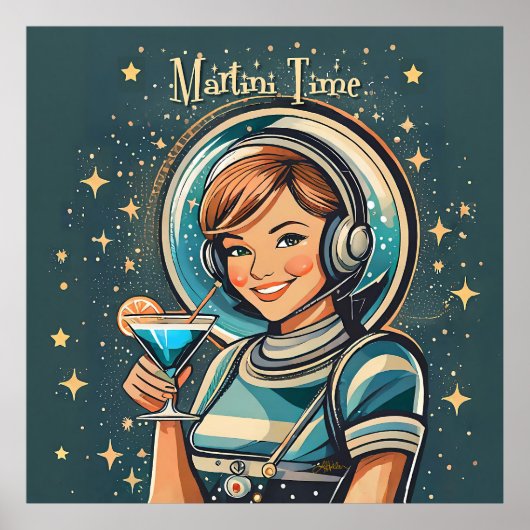Poster Rétro Futuriste Astro Fille Martini Time (Devant)