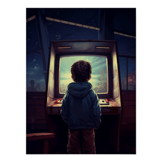 Poster Retro Gamer Boy à Arcade Machine (Devant)