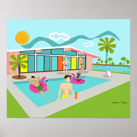 Poster Retro Gay Pink Flamant rose Pool Party (Devant)
