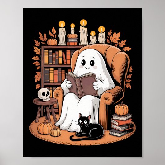 Poster Retro Ghost Reading Books (Devant)