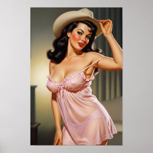 Poster Retro Girl avec Casquette Cowboy