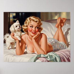 Poster Retro Girl with Maltese Dog 50's Pin-up Art